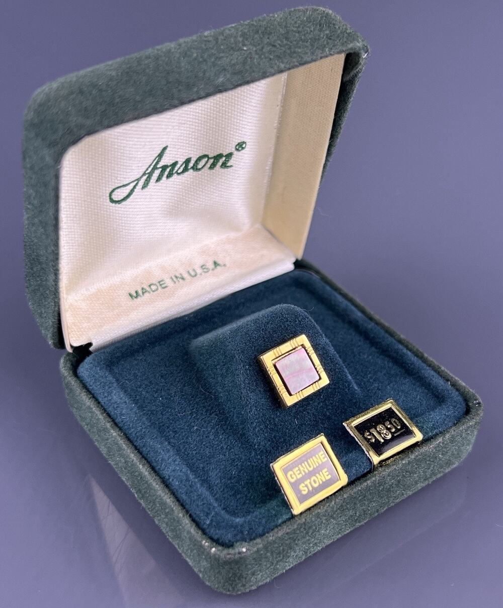 Black Mother of Pearl MOP Square Tie Tack Pin Gold Tone Small Anson Vintage